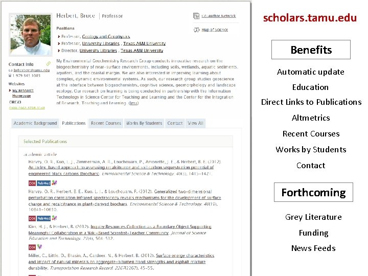 OFFICE OF SCHOLARLY COMMUNICATIONS Texas A&M University Libraries scholars. tamu. edu Benefits Automatic update