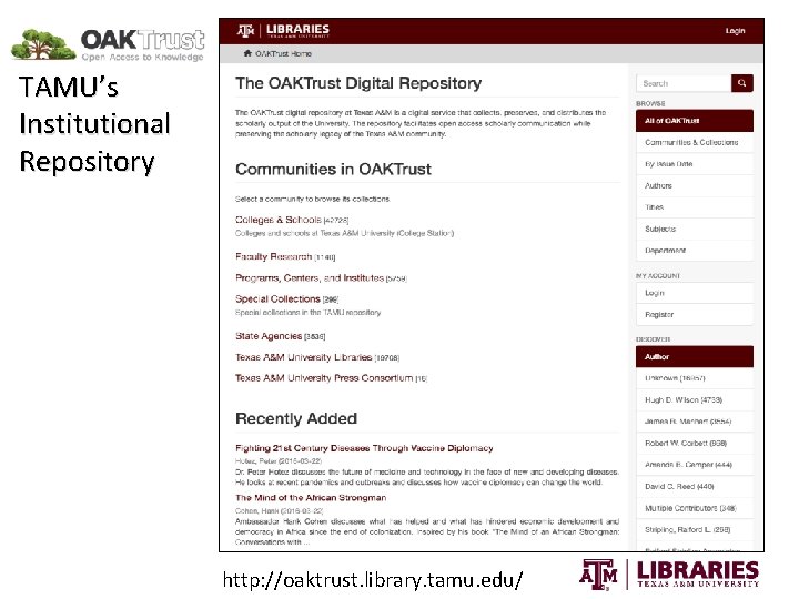 OFFICE OF SCHOLARLY COMMUNICATIONS OAKTrust: TAMU’s Institutional Repository Texas A&M University Libraries http: //oaktrust.
