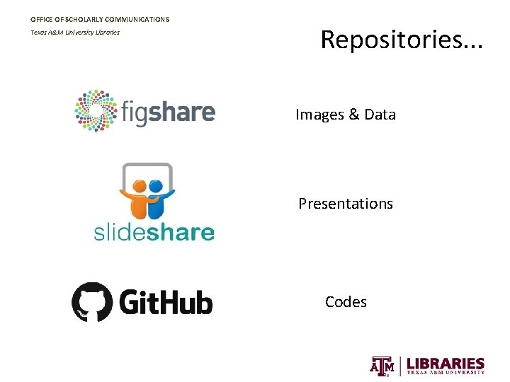 OFFICE OF SCHOLARLY COMMUNICATIONS Texas A&M University Libraries Repositories. . . Images & Data