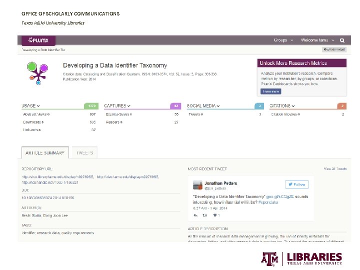 OFFICE OF SCHOLARLY COMMUNICATIONS Texas A&M University Libraries 