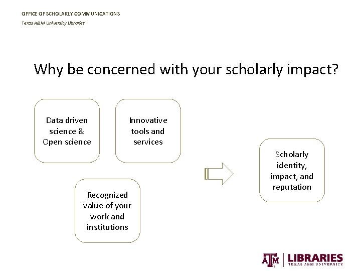 OFFICE OF SCHOLARLY COMMUNICATIONS Texas A&M University Libraries Why be concerned with your scholarly