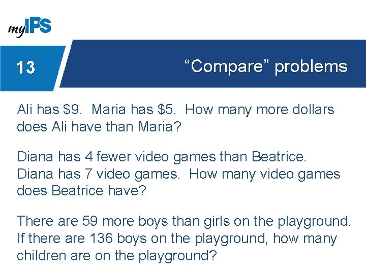 13 “Compare” problems Ali has $9. Maria has $5. How many more dollars does