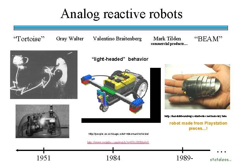 Analog reactive robots “Tortoise” Gray Walter Valentino Braitenberg Mark Tilden commercial products… “BEAM” “light-headed”