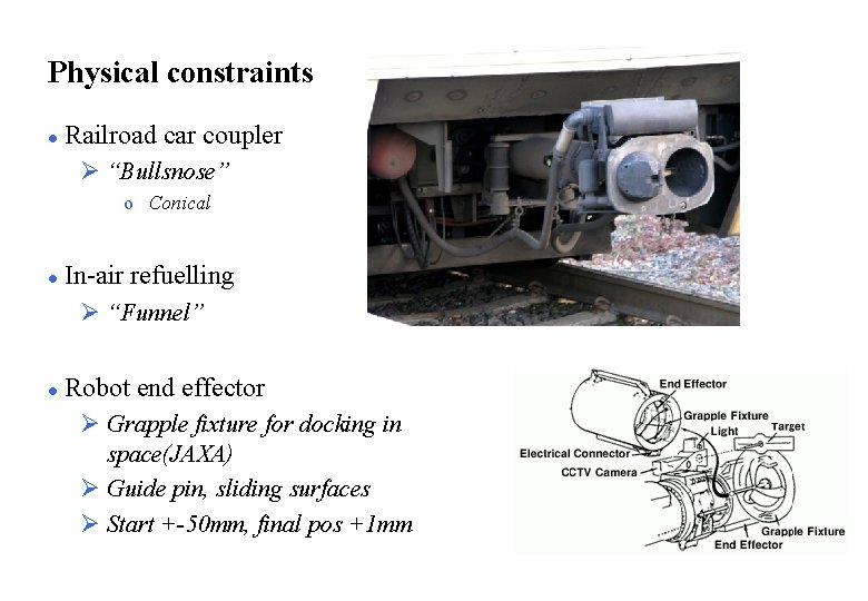 Physical constraints l Railroad car coupler Ø “Bullsnose” o Conical l In-air refuelling Ø
