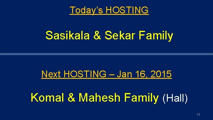 Today’s HOSTING Sasikala & Sekar Family Next HOSTING – Jan 16, 2015 Komal &