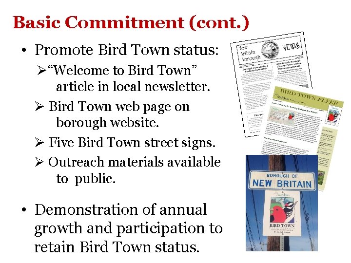 Basic Commitment (cont. ) • Promote Bird Town status: Ø“Welcome to Bird Town” article