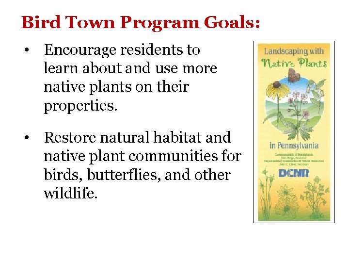 Bird Town Program Goals: • Encourage residents to learn about and use more native