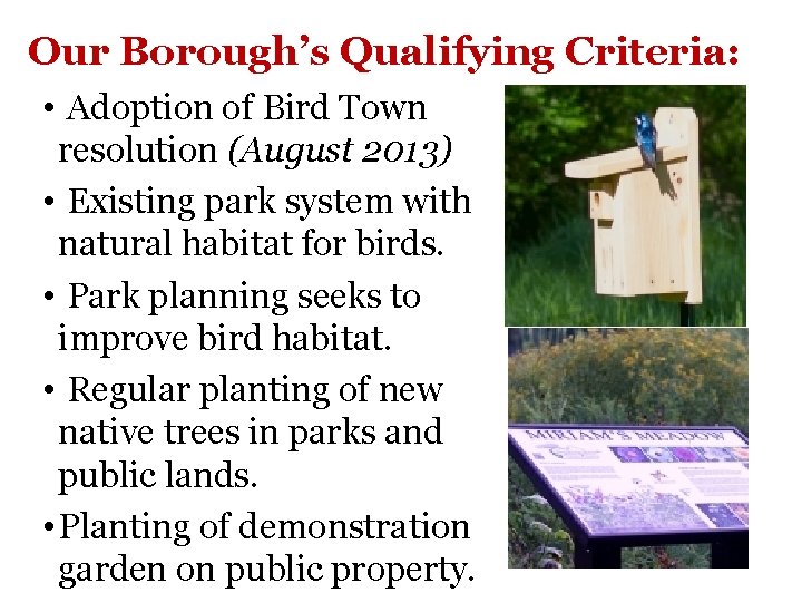 Our Borough’s Qualifying Criteria: • Adoption of Bird Town resolution (August 2013) • Existing