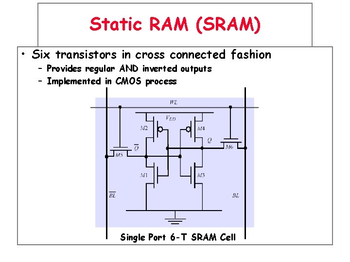 Static RAM (SRAM) • Six transistors in cross connected fashion – Provides regular AND