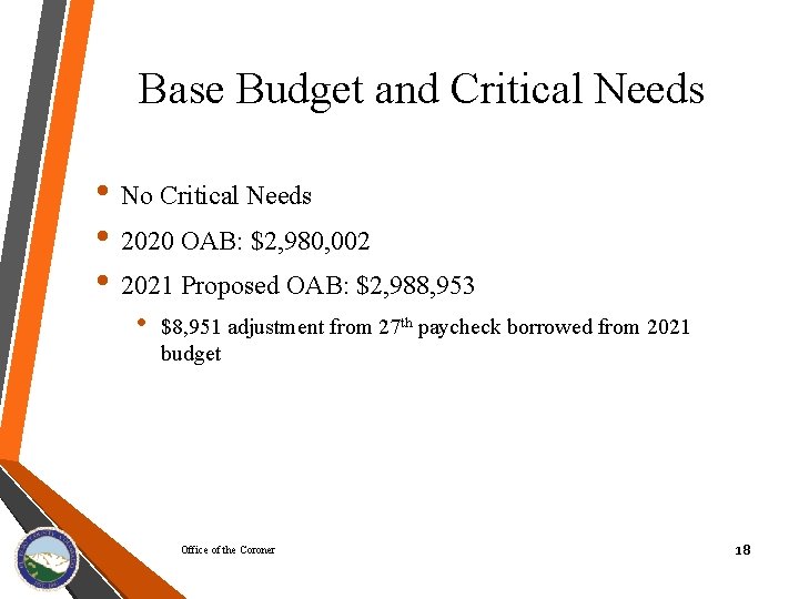 Base Budget and Critical Needs • No Critical Needs • 2020 OAB: $2, 980,