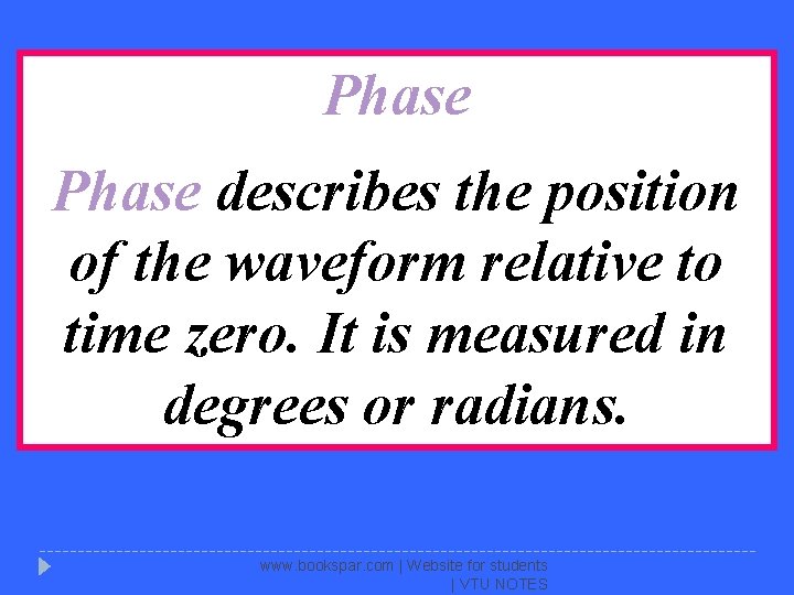 Phase describes the position of the waveform relative to time zero. It is measured