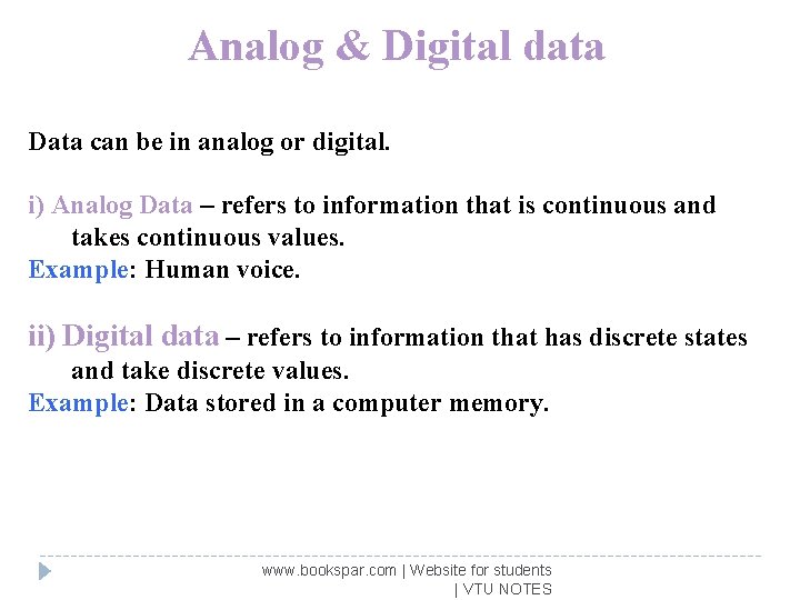 Analog & Digital data Data can be in analog or digital. i) Analog Data