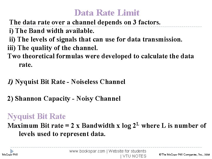 Data Rate Limit The data rate over a channel depends on 3 factors. i)