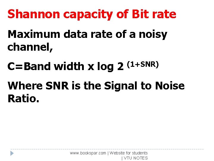Shannon capacity of Bit rate Maximum data rate of a noisy channel, C=Band width