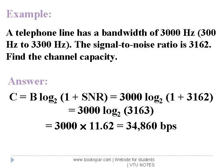 Example: A telephone line has a bandwidth of 3000 Hz (300 Hz to 3300