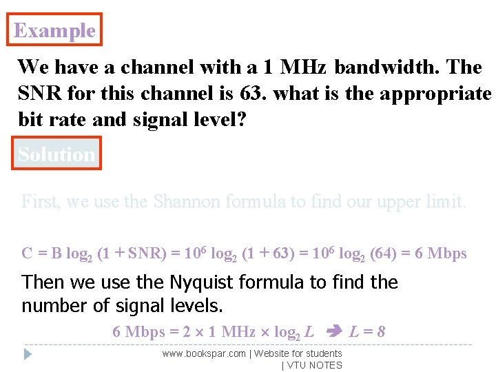Example We have a channel with a 1 MHz bandwidth. The SNR for this