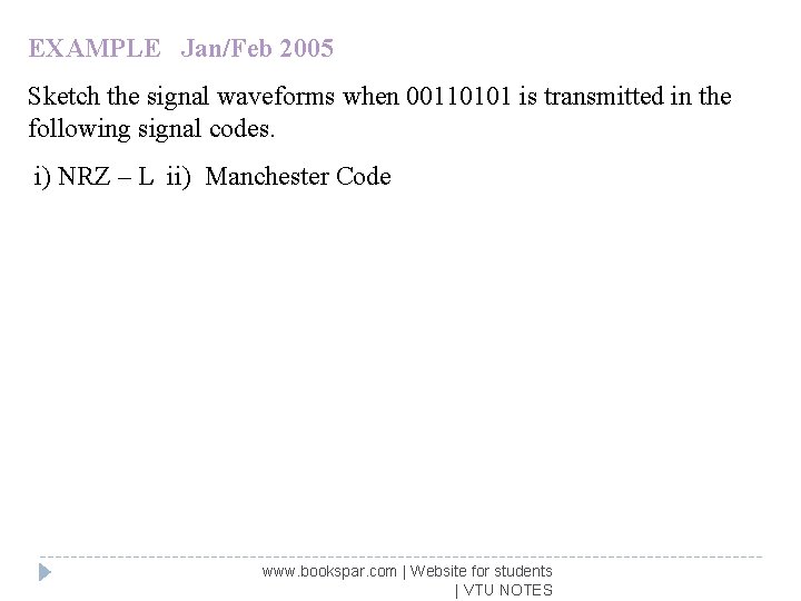 EXAMPLE Jan/Feb 2005 Sketch the signal waveforms when 00110101 is transmitted in the following