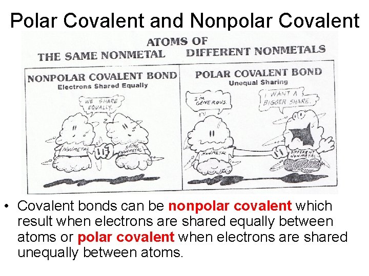 Polar Covalent and Nonpolar Covalent • Covalent bonds can be nonpolar covalent which result