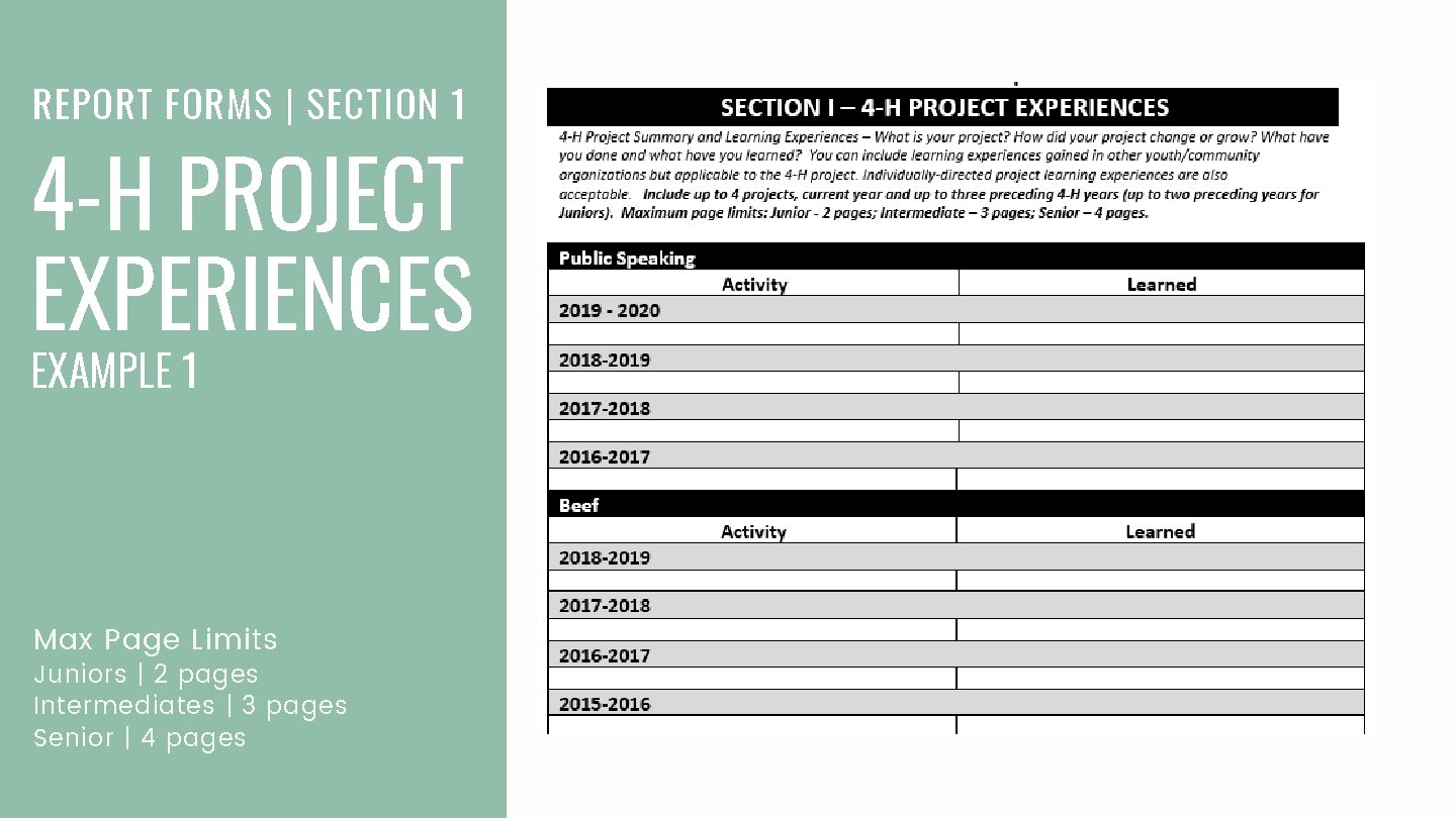 REPORT FORMS | SECTION 1 4 -H PROJECT EXPERIENCES EXAMPLE 1 Max Page Limits