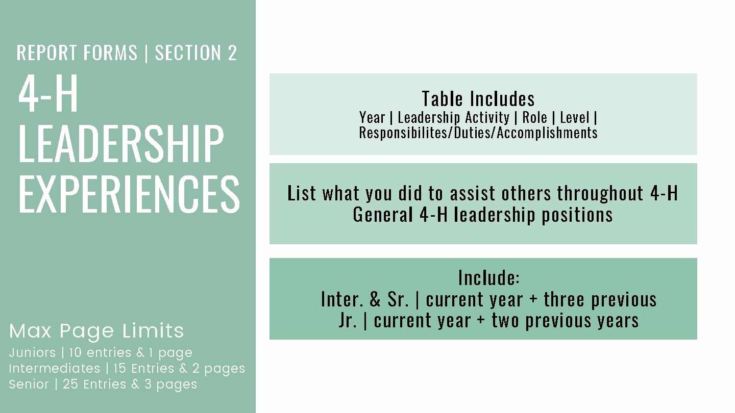 REPORT FORMS | SECTION 2 4 -H LEADERSHIP EXPERIENCES Max Page Limits Juniors |