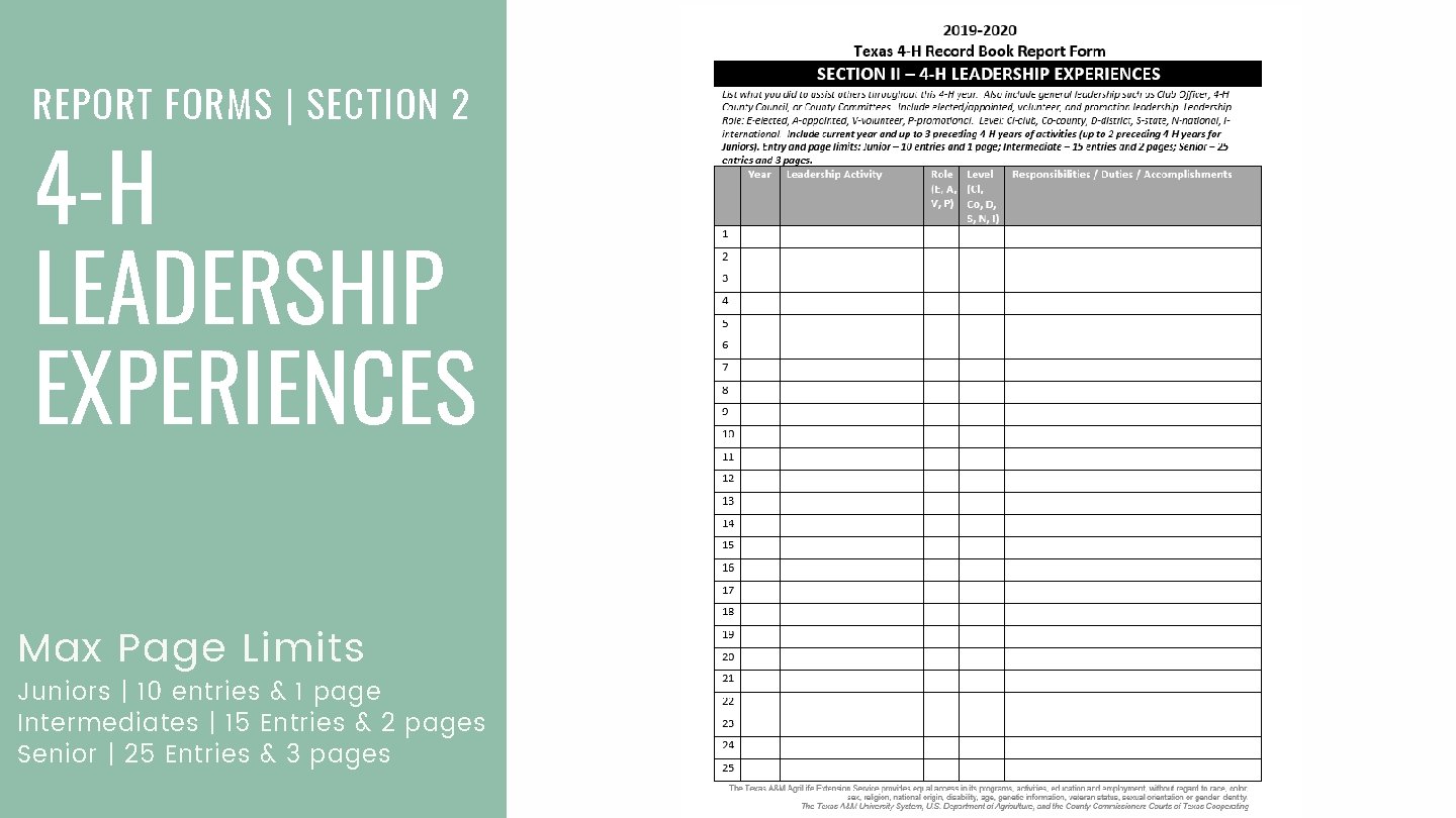 REPORT FORMS | SECTION 2 4 -H LEADERSHIP EXPERIENCES Max Page Limits Juniors |