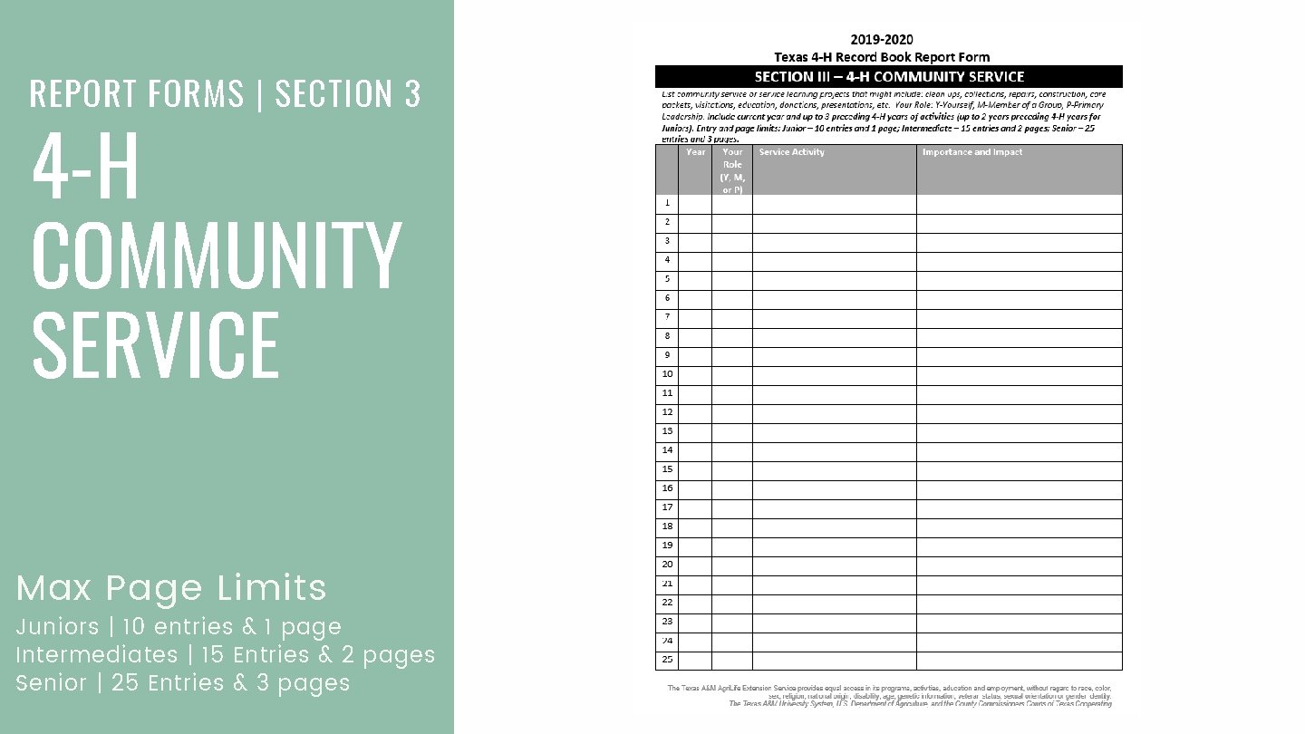 REPORT FORMS | SECTION 3 4 -H COMMUNITY SERVICE Max Page Limits Juniors |