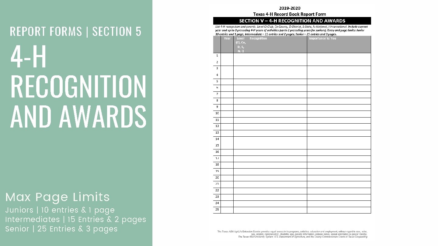 REPORT FORMS | SECTION 5 4 -H RECOGNITION AND AWARDS Max Page Limits Juniors