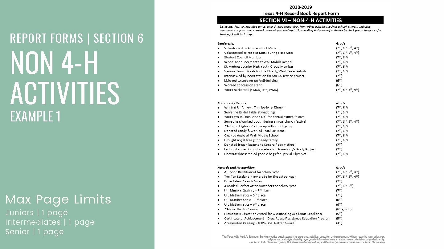 REPORT FORMS | SECTION 6 NON 4 -H ACTIVITIES EXAMPLE 1 Max Page Limits