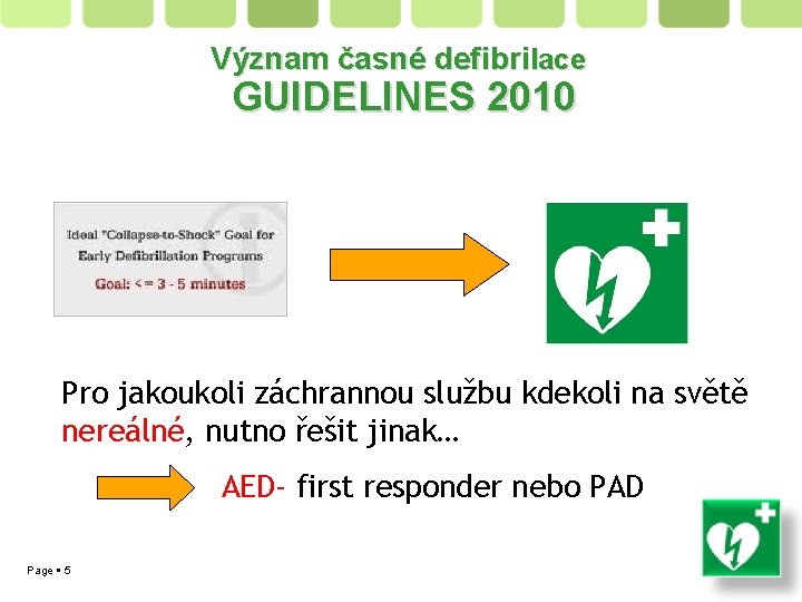 Význam časné defibrilace GUIDELINES 2010 Pro jakoukoli záchrannou službu kdekoli na světě nereálné, nutno