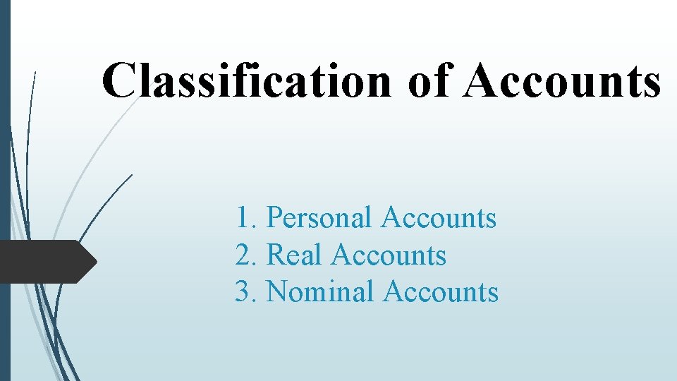 Classification of Accounts 1. Personal Accounts 2. Real Accounts 3. Nominal Accounts 