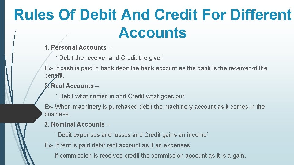 Rules Of Debit And Credit For Different Accounts 1. Personal Accounts – ‘ Debit