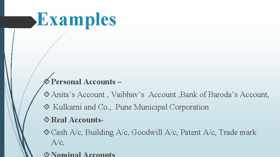 Examples Personal Accounts – Anita’s Account , Vaibhav’s Account , Bank of Baroda’s Account,
