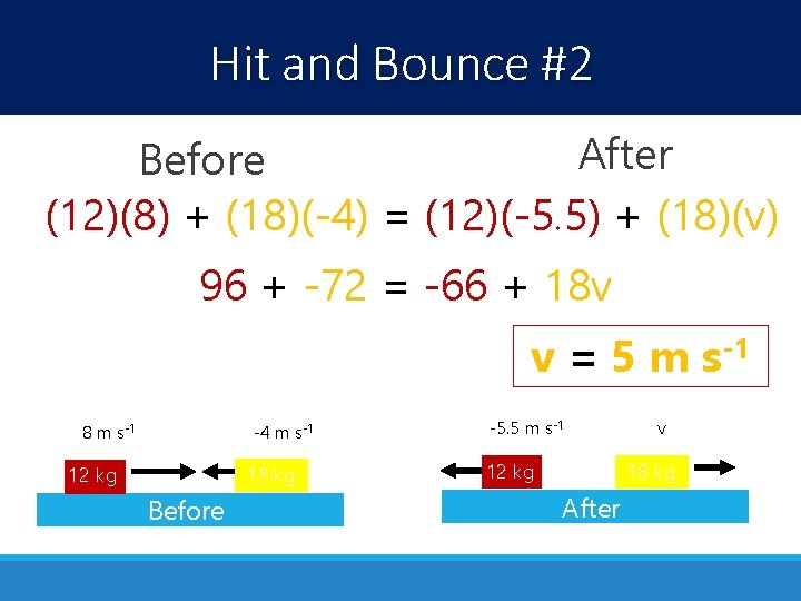 Hit and Bounce #2 After Before (12)(8) + (18)(-4) = (12)(-5. 5) + (18)(v)