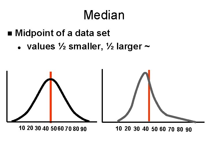 Median n Midpoint of a data set l values ½ smaller, ½ larger ~