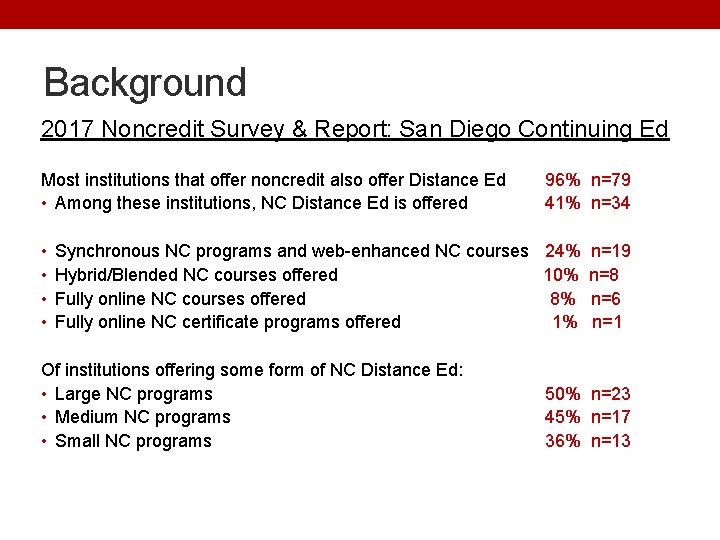 Background 2017 Noncredit Survey & Report: San Diego Continuing Ed Most institutions that offer