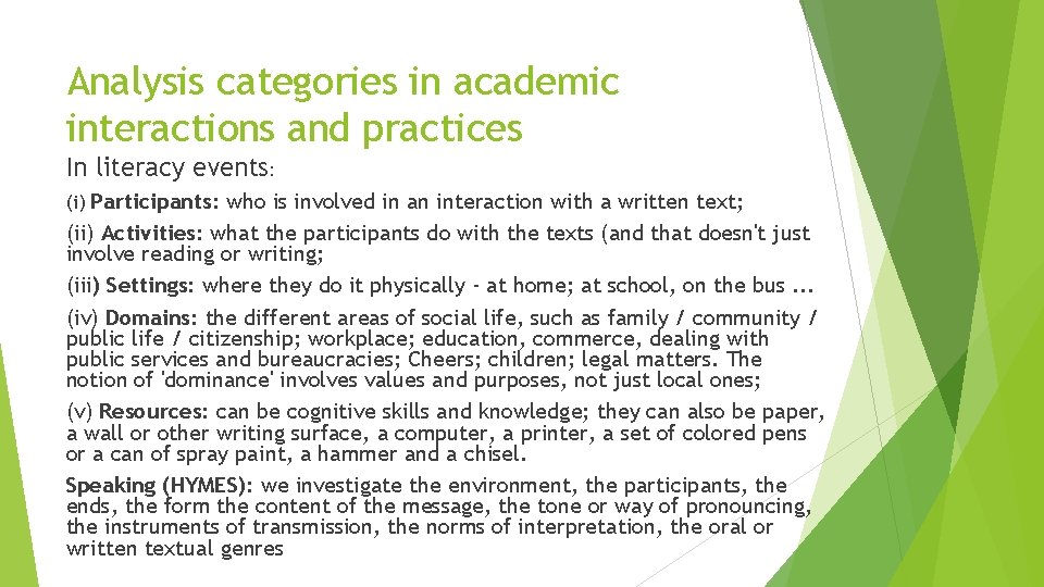 Analysis categories in academic interactions and practices In literacy events: (i) Participants: who is