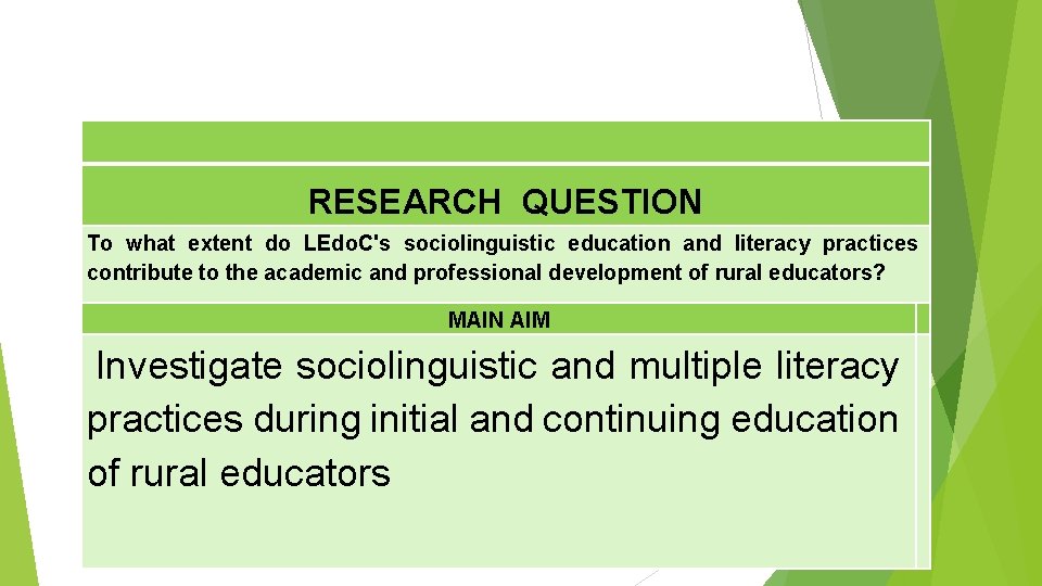 RESEARCH QUESTION To what extent do LEdo. C's sociolinguistic education and literacy practices contribute