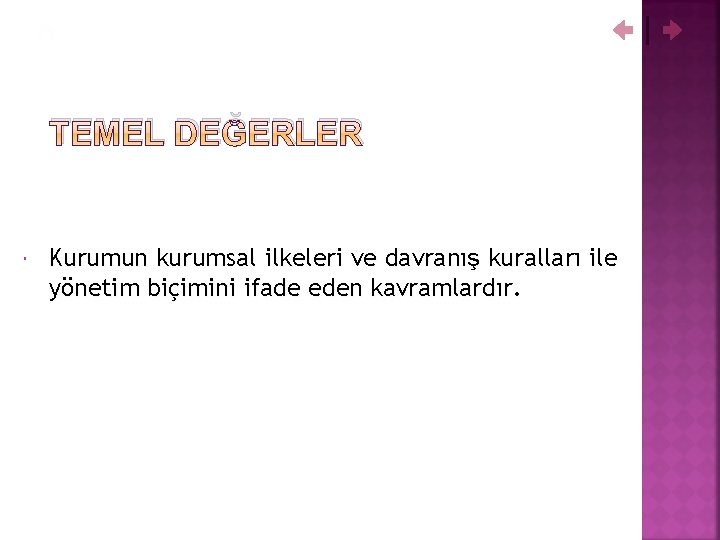 TEMEL DEĞERLER Kurumun kurumsal ilkeleri ve davranış kuralları ile yönetim biçimini ifade eden kavramlardır.