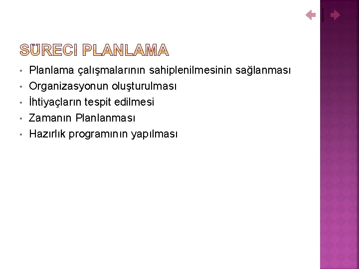  • • • Planlama çalışmalarının sahiplenilmesinin sağlanması Organizasyonun oluşturulması İhtiyaçların tespit edilmesi Zamanın