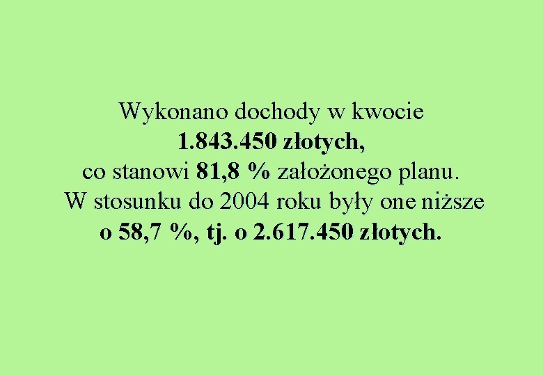 Wykonano dochody w kwocie 1. 843. 450 złotych, co stanowi 81, 8 % założonego