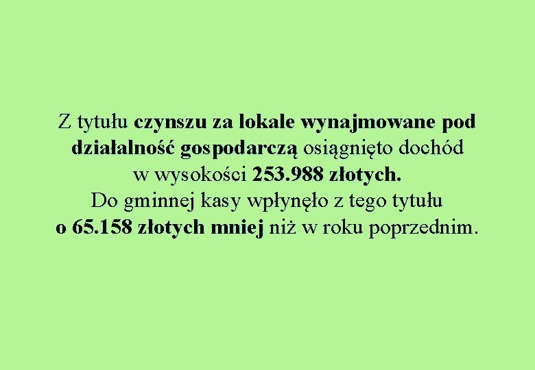 Z tytułu czynszu za lokale wynajmowane pod działalność gospodarczą osiągnięto dochód w wysokości 253.