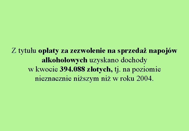 Z tytułu opłaty za zezwolenie na sprzedaż napojów alkoholowych uzyskano dochody w kwocie 394.