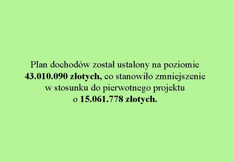 Plan dochodów został ustalony na poziomie 43. 010. 090 złotych, co stanowiło zmniejszenie w