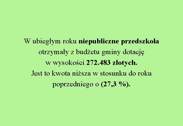 W ubiegłym roku niepubliczne przedszkola otrzymały z budżetu gminy dotację w wysokości 272. 483