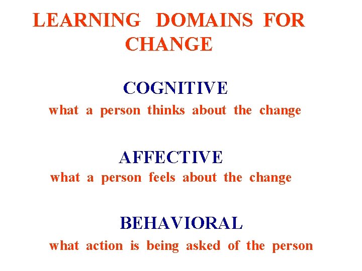 LEARNING DOMAINS FOR CHANGE COGNITIVE what a person thinks about the change AFFECTIVE what