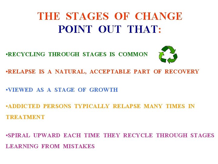 THE STAGES OF CHANGE POINT OUT THAT: • RECYCLING THROUGH STAGES IS COMMON •