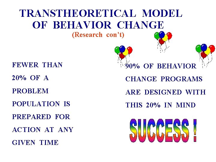 TRANSTHEORETICAL MODEL OF BEHAVIOR CHANGE (Research con’t) FEWER THAN 90% OF BEHAVIOR 20% OF