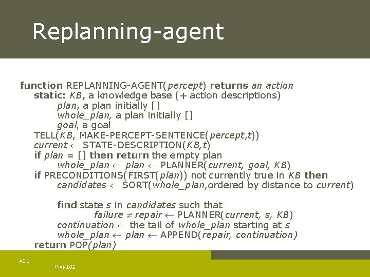Replanning-agent function REPLANNING-AGENT(percept) returns an action static: KB, a knowledge base (+ action descriptions)