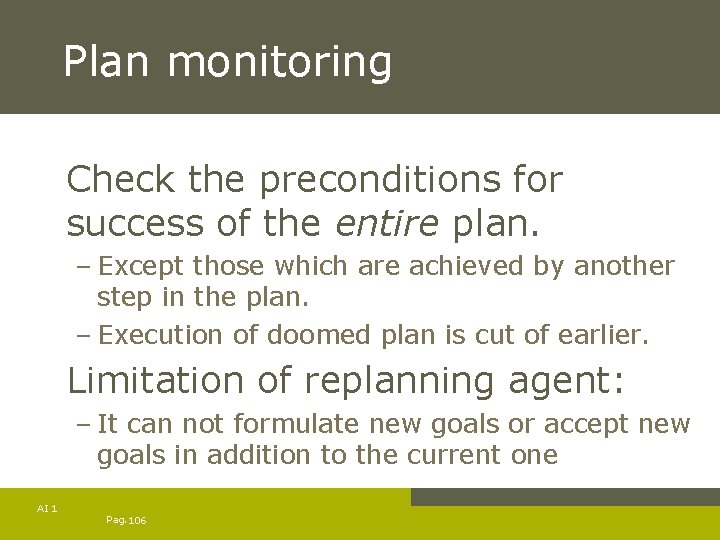 Plan monitoring Check the preconditions for success of the entire plan. – Except those