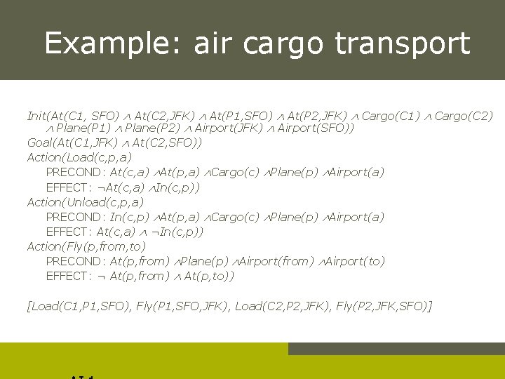 Example: air cargo transport Init(At(C 1, SFO) At(C 2, JFK) At(P 1, SFO) At(P
